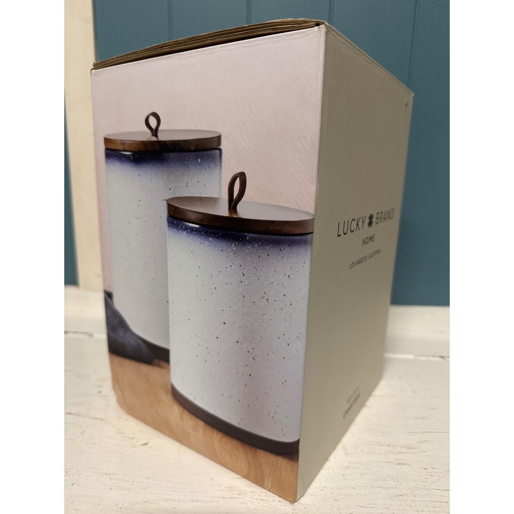 Lucky Brand Home‎ Ceramic Canisters Dip Dye Set w/ Wood Lids Speckled Blue White